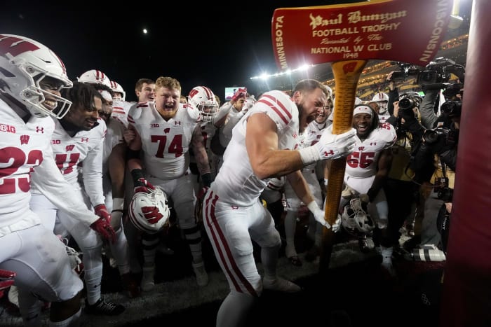 Nov 25, 2023; Minneapolis, Minnesota, USA; Wisconsin tight end Hayden Rucci (87) and teammates celebrate with the Paul Bunyan Football Trophy ceremonial axe to act out cutting down the goalposts after defeating the Minnesota Golden Gophers at Huntington Bank Stadium. Wisconsin won 28-14. Mandatory Credit: Mark Hoffman/Milwaukee Journal Sentinel via USA TODAY NETWORK